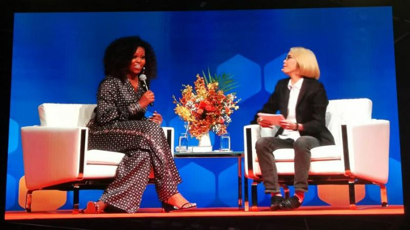 Former First Lady to the 44th president of the United States, Michelle Obama with moderator, Corinna Lim the executive director of the Association of Women for Action and Research (AWARE), sharing excerpt of her book “Becoming”